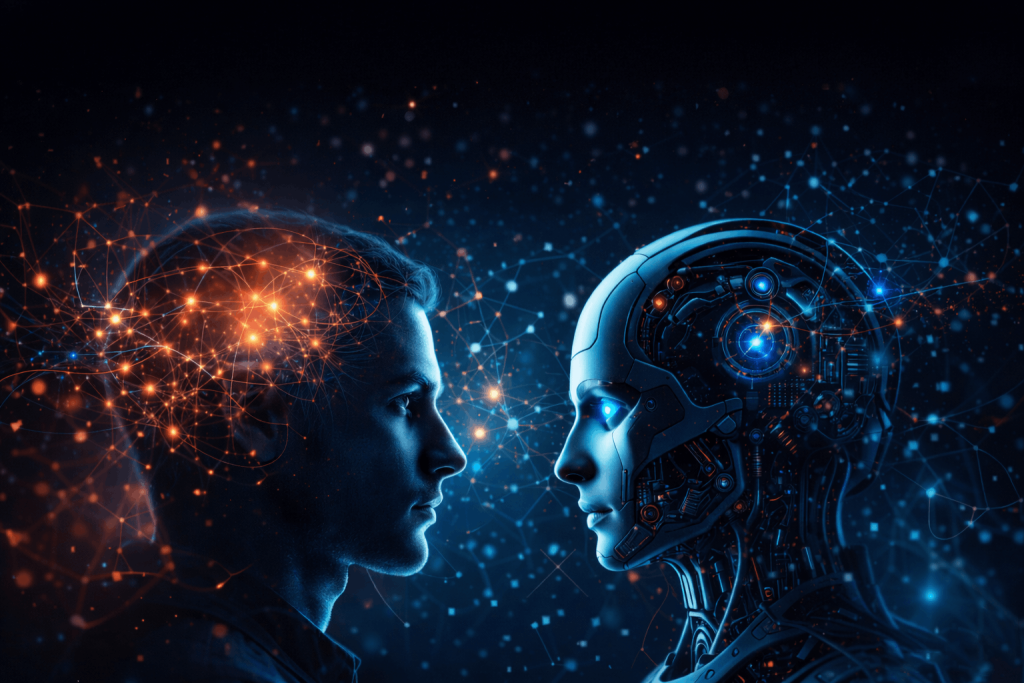 Human and AI robot facing each other representing AI-human symbiosis
