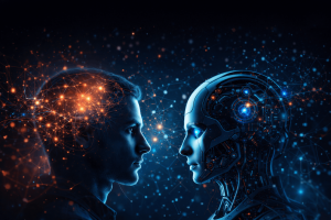Human and AI robot facing each other representing AI-human symbiosis